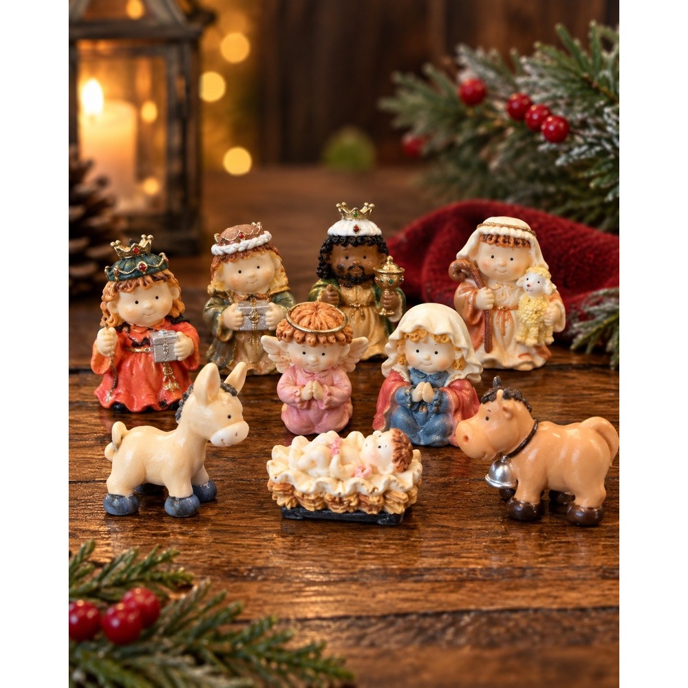 Vintage 1990s Miniature 9 Piece Nativity Set Christmas Creche Resin Figurines